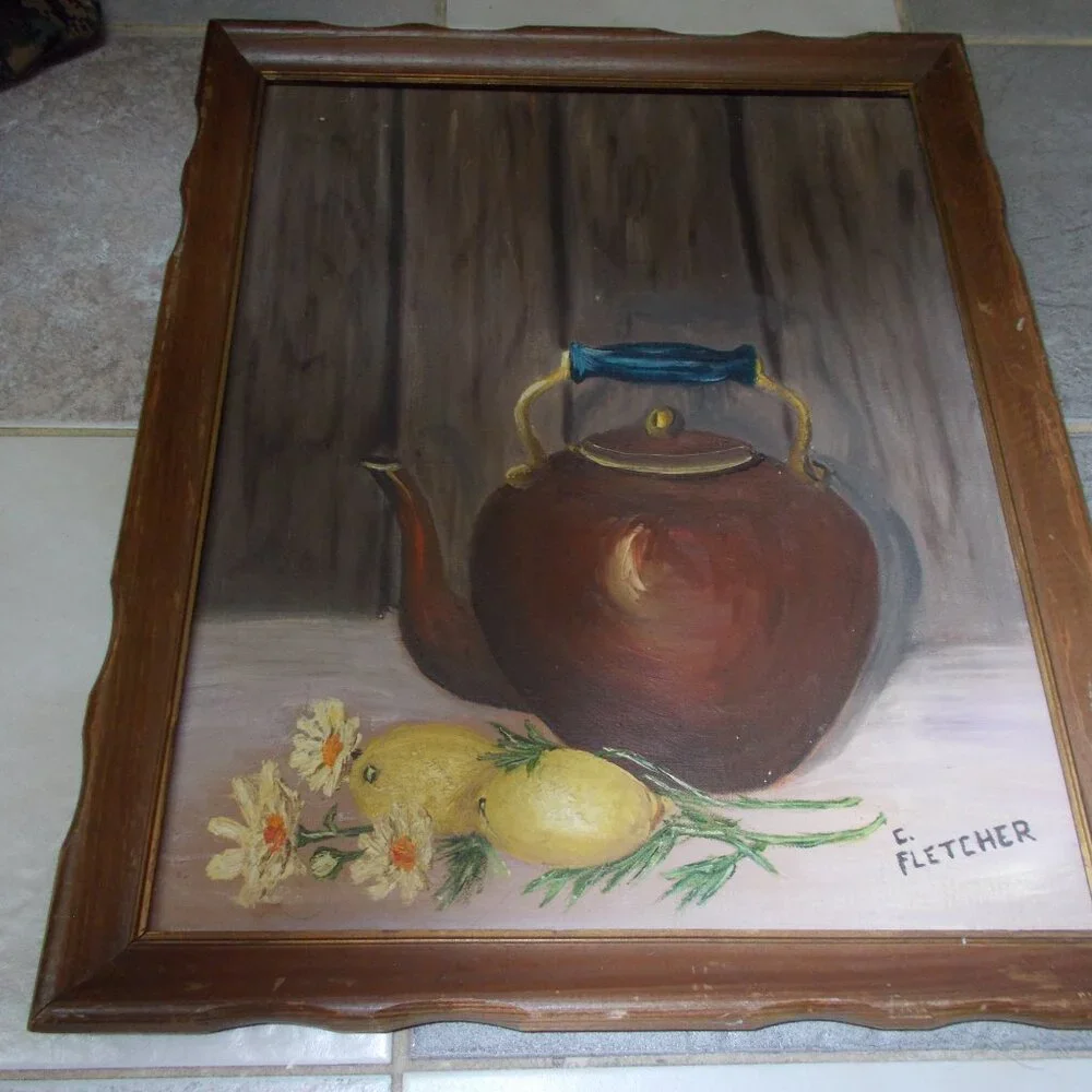 Vintage tea kettle and lemons, signed and framed - Picture 3 of 6